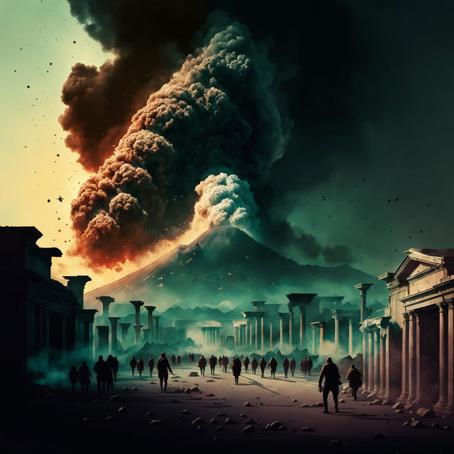 The historical city of Pompeii mid-eruption, with buildings and panicked citizens silhouetted against the backdrop of colossal volcanic explosion, spewing ash, smoke, and lava.