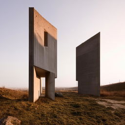 A Brutalist style monolith standing solitary on a flat terrain, its raw concrete surface reflecting the soft sunlight.