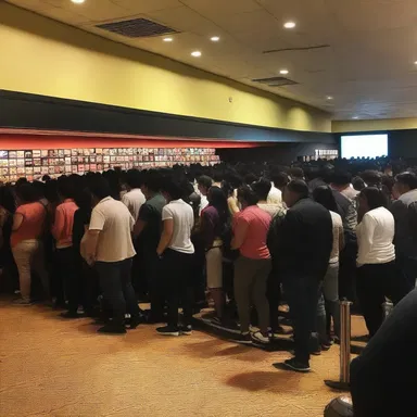 The assemblage of moviegoers eagerly waited in line to watch the highly anticipated film.
