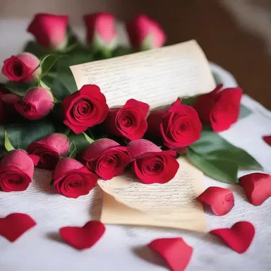The assemblage of red roses and love letters was a sweet gesture of love from her romantic partner.
