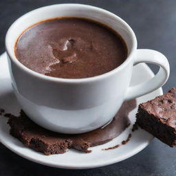 A close-up photograph of a mug of dark hot chocolate accompanied by a rich, moist chocolate brownie.