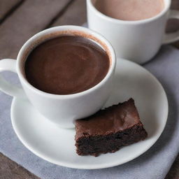 A close-up photograph of a mug of dark hot chocolate accompanied by a rich, moist chocolate brownie.