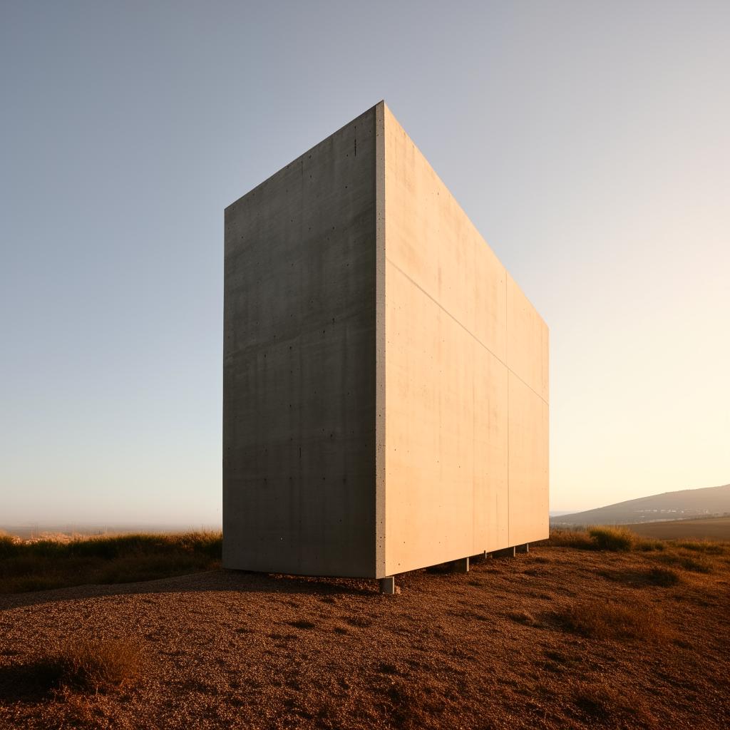 A Brutalist style monolith standing solitary on a flat terrain, its raw concrete surface reflecting the soft sunlight.