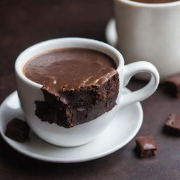 A close-up photograph of a mug of dark hot chocolate accompanied by a rich, moist chocolate brownie.