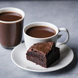 A close-up photograph of a mug of dark hot chocolate accompanied by a rich, moist chocolate brownie.