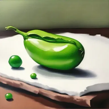 The artist created a beautiful still life painting featuring a single green pea.