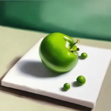 The artist created a beautiful still life painting featuring a single green pea.