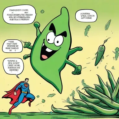 In the comic strip, the superhero used pea pods as weapons to defeat the enemy.