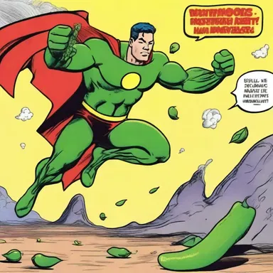 In the comic strip, the superhero used pea pods as weapons to defeat the enemy.
