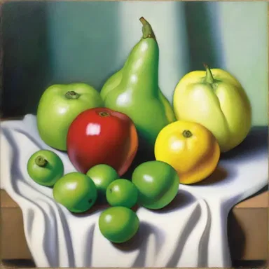 The painting depicted a vibrant still life with various fruits and vegetables, including a perfectly plump pea.