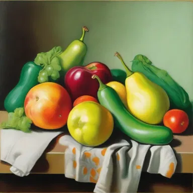 The painting depicted a vibrant still life with various fruits and vegetables, including a perfectly plump pea.