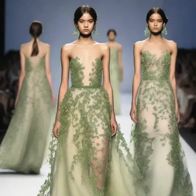 The designer showcased a unique collection inspired by nature, featuring gowns adorned with delicate pea pod motifs.