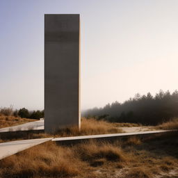 A Brutalist style monolith standing solitary on a flat terrain, its raw concrete surface reflecting the soft sunlight.