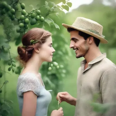 As they walked through the garden, he picked a fresh pea from the vine and made her blush by offering it to her.