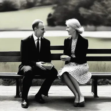 The couple sat on the bench, gazing into each other's eyes, sharing a bowl of peas.