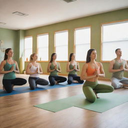 A vibrant yoga studio filled with multiple individuals sipping on green, white, and orange colored smoothies in relaxing poses