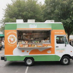 A colorful, health-focused food truck painted in vibrant shades of green, orange, and white, bustling with healthy treats at a lively food festival