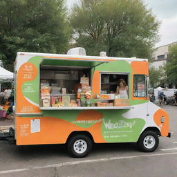 A colorful, health-focused food truck painted in vibrant shades of green, orange, and white, bustling with healthy treats at a lively food festival