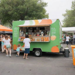 A colorful, health-focused food truck painted in vibrant shades of green, orange, and white, bustling with healthy treats at a lively food festival