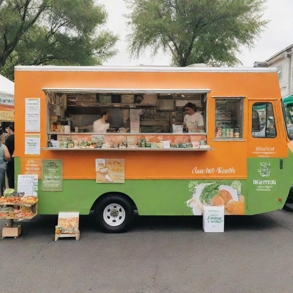 A colorful, health-focused food truck painted in vibrant shades of green, orange, and white, bustling with healthy treats at a lively food festival