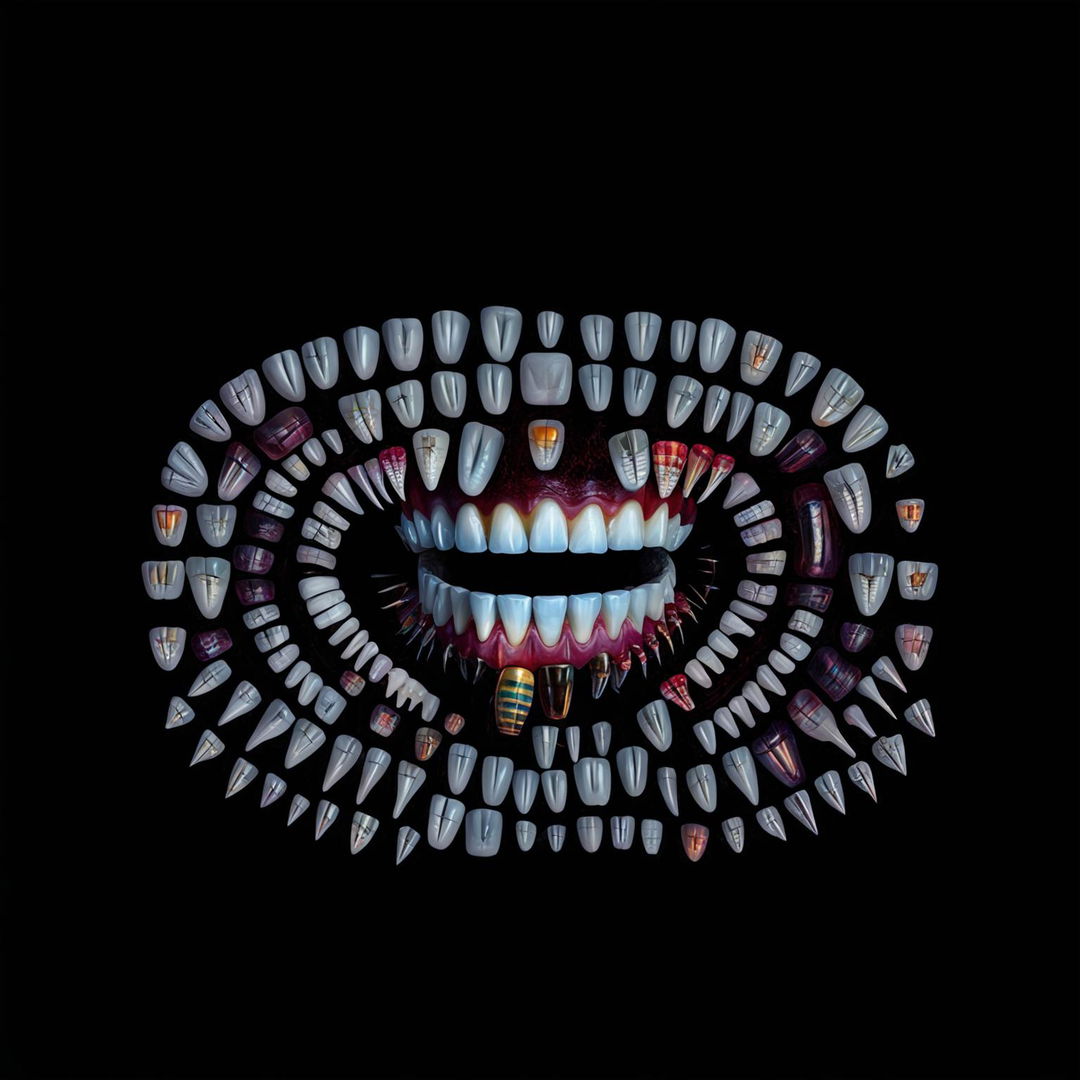 A surreal digital art filled with an array of teeth from different species against a deep black background.