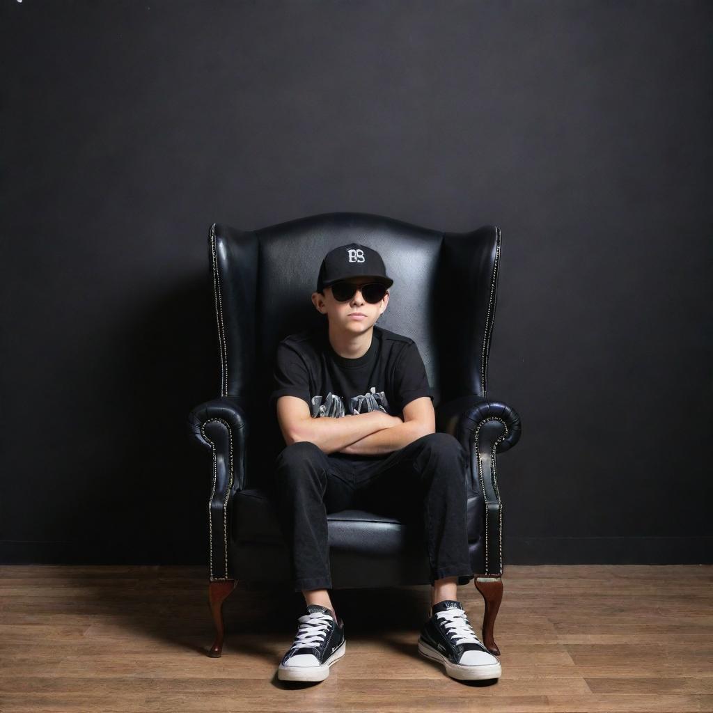 3D illusion picture of a stylish boy in a black shirt casually sitting on a Wingback Chair. He wears sneakers, a black cricket cap, and sunglasses, looking forward. Background includes 'A c t o r' in large, capital white fonts on a black wall.