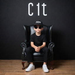3D illusion picture of a stylish boy in a black shirt casually sitting on a Wingback Chair. He wears sneakers, a black cricket cap, and sunglasses, looking forward. Background includes 'A c t o r' in large, capital white fonts on a black wall.