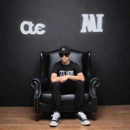 3D illusion picture of a stylish boy in a black shirt casually sitting on a Wingback Chair. He wears sneakers, a black cricket cap, and sunglasses, looking forward. Background includes 'A c t o r' in large, capital white fonts on a black wall.