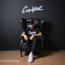 3D illusion picture of a stylish boy in a black shirt casually sitting on a Wingback Chair. He wears sneakers, a black cricket cap, and sunglasses, looking forward. Background includes 'A c t o r' in large, capital white fonts on a black wall.