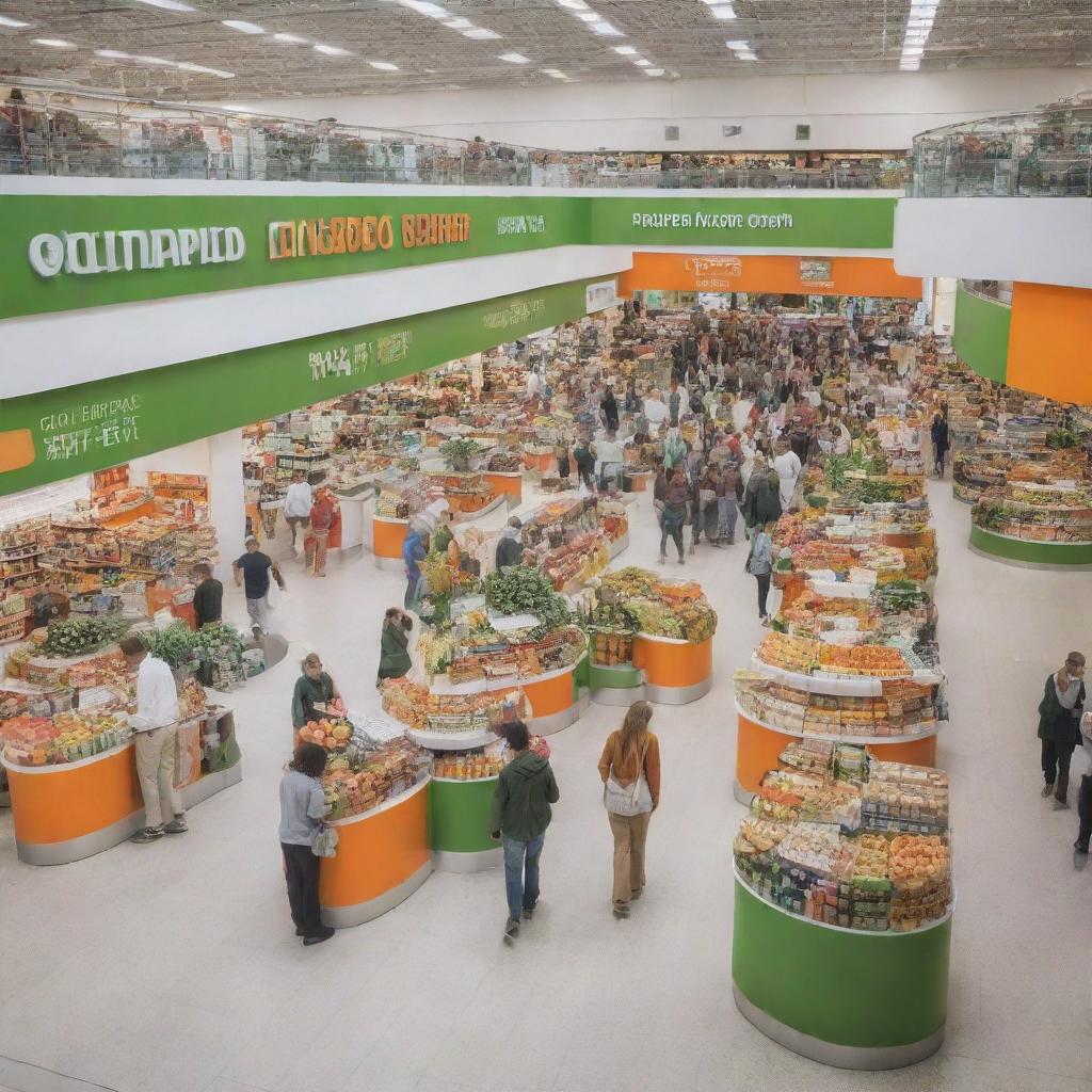 A shopping center exhibiting promotional stands in green, orange, and white colors, bustling with shoppers purchasing healthy food