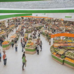 A shopping center exhibiting promotional stands in green, orange, and white colors, bustling with shoppers purchasing healthy food