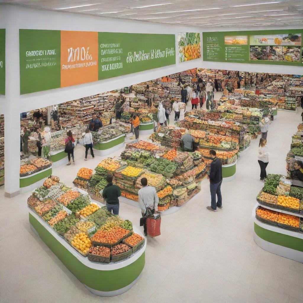 A shopping center exhibiting promotional stands in green, orange, and white colors, bustling with shoppers purchasing healthy food