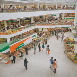 A shopping center exhibiting promotional stands in green, orange, and white colors, bustling with shoppers purchasing healthy food