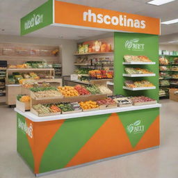 Cheerful promotional stands in vivid shades of green, orange, and white displaying a variety of healthy food options to patrons