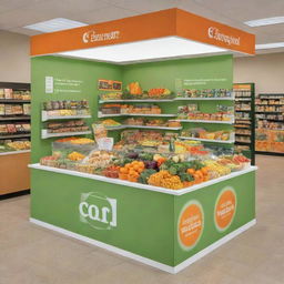 Cheerful promotional stands in vivid shades of green, orange, and white displaying a variety of healthy food options to patrons