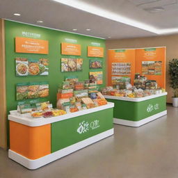 Cheerful promotional stands in vivid shades of green, orange, and white displaying a variety of healthy food options to patrons