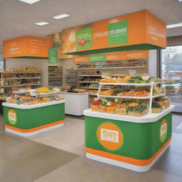 Cheerful promotional stands in vivid shades of green, orange, and white displaying a variety of healthy food options to patrons