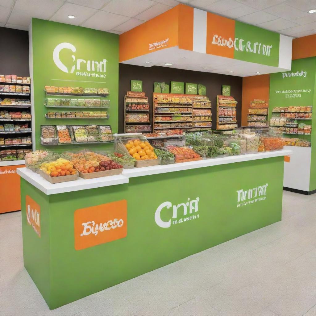 Lively promotional stands in bright green, orange, and white hues, serving an assortment of healthy food and smoothies