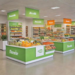 Lively promotional stands in bright green, orange, and white hues, serving an assortment of healthy food and smoothies