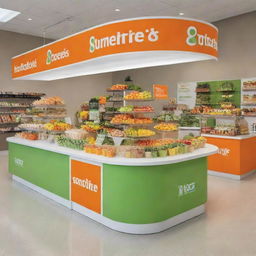 Lively promotional stands in bright green, orange, and white hues, serving an assortment of healthy food and smoothies