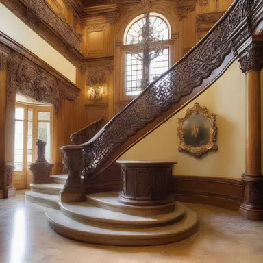 The ornate details on the grand staircase of the mansion were designed to evoke a sense of dudgeon.