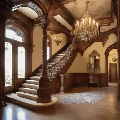 The ornate details on the grand staircase of the mansion were designed to evoke a sense of dudgeon.