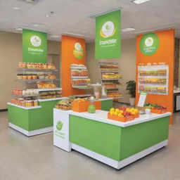 Lively promotional stands in bright green, orange, and white hues, serving an assortment of healthy food and smoothies