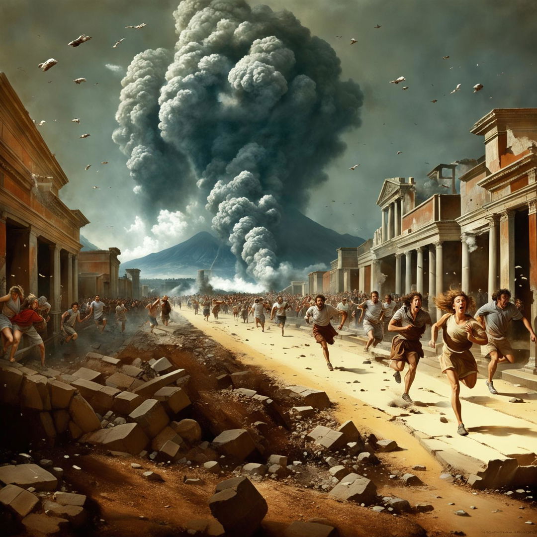 Pompeii eruption, people running and tripping in terror