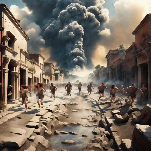 Depict a cataclysmic scene of the Pompeii eruption with terrified people running and stumbling through the cobblestone streets, surrounded by structures and dusty ash-filled air.