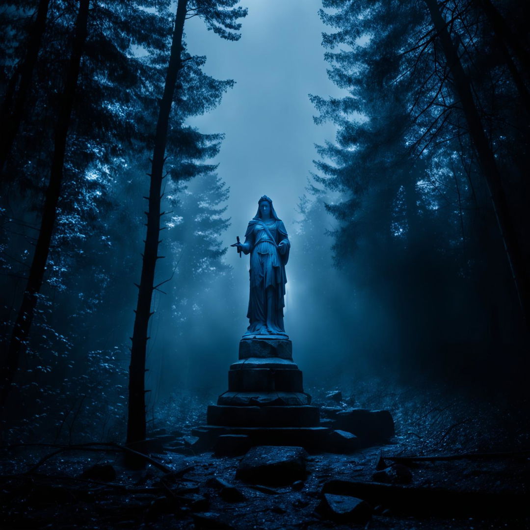 An emotionally poignant statue, exuding a radiant blue glow, stands solitary in the obscurity of a dense forest at night.