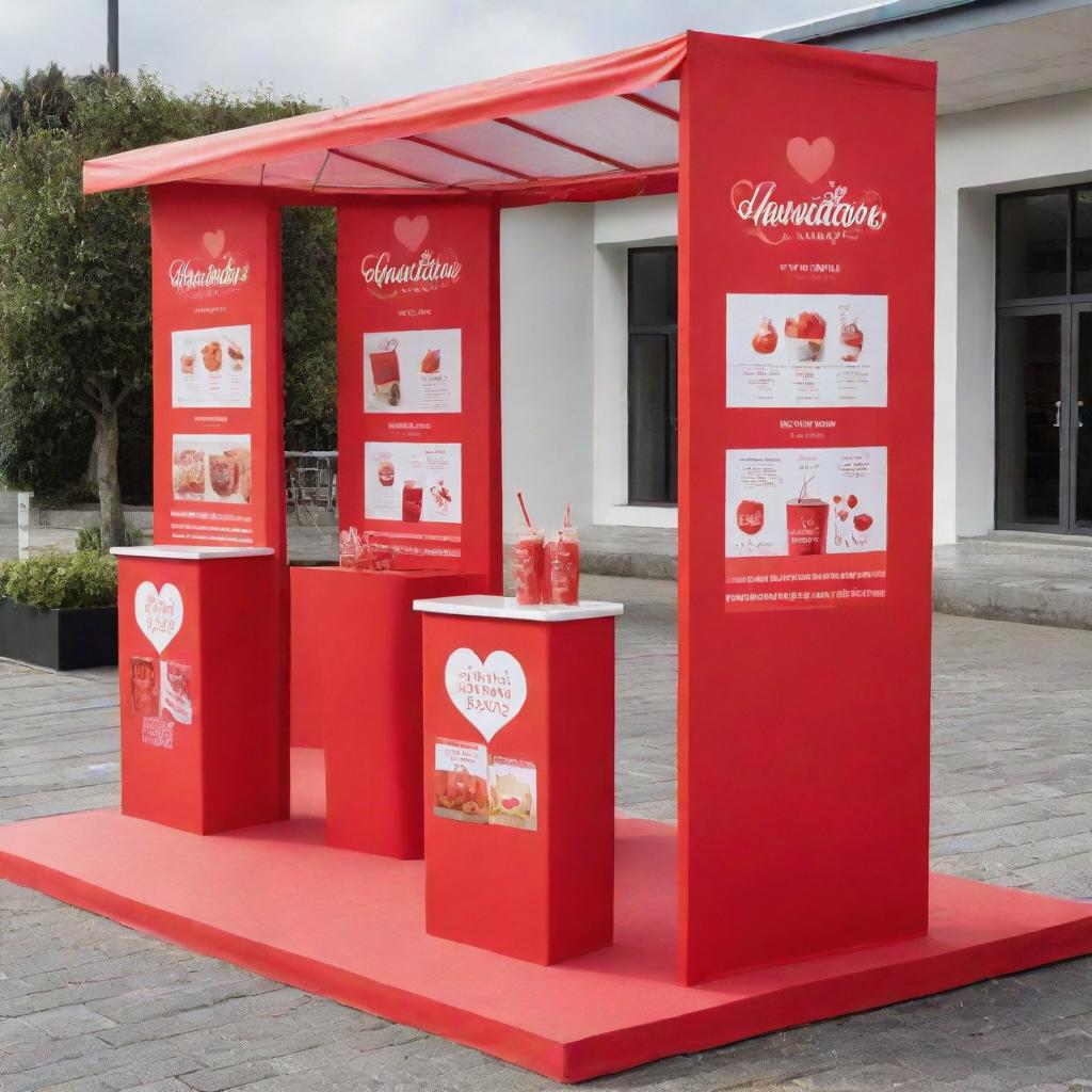 Romantic Valentine's Day themed promotional stands in vibrant shades of red, orange, and white, offering a healthy array of food and smoothies