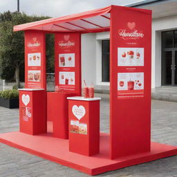 Romantic Valentine's Day themed promotional stands in vibrant shades of red, orange, and white, offering a healthy array of food and smoothies