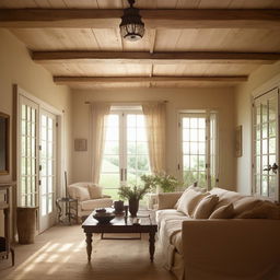 French country living room, architectural photography, natural light