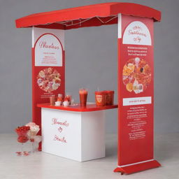 Romantic Valentine's Day themed promotional stands in vibrant shades of red, orange, and white, offering a healthy array of food and smoothies